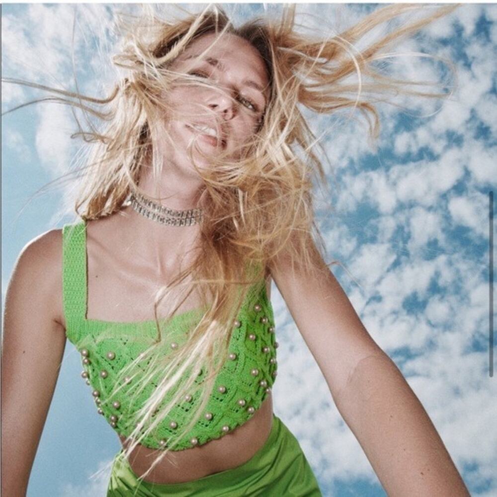 Zara Neon Green Studded Knit Crop Top
